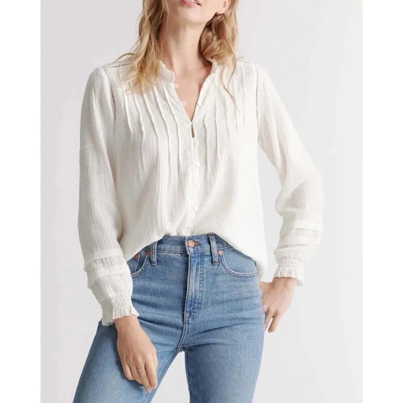 Quince Tops - Quince Textured Cotton Peasant Blouse Top White Long Sleeve Size Small